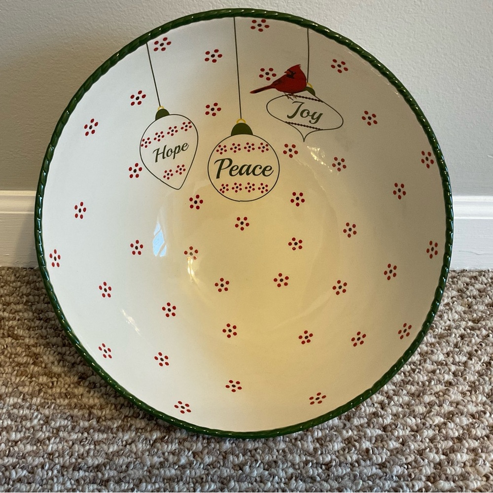 Temp-Tations 2 QT Asymmetrical Poinsettia Bowl with Cardinal and Ornaments
